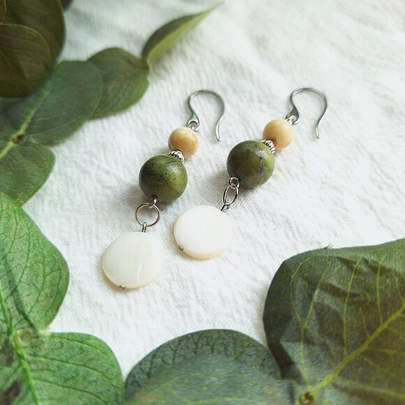 Elegant Jade & Mother of Pearl Earrings, Coastal-Inspired Boho Earrings, Formal - Picture 3 of 7
